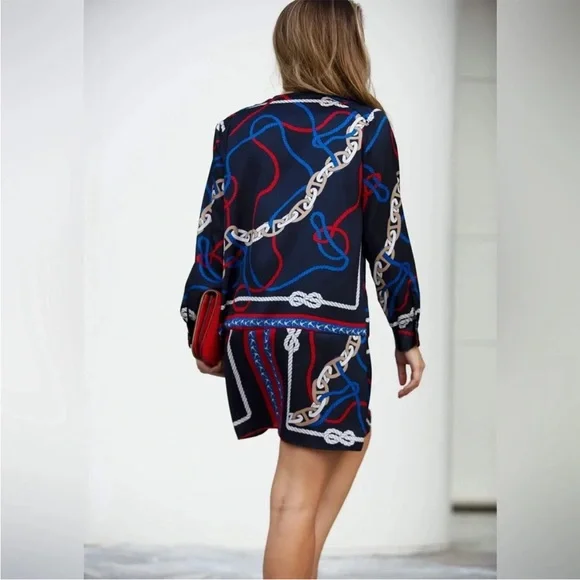 ZARA Nautical Chain Knot Print Dress Navy Double Breasted Mini XS NWT - Picture 3 of 11